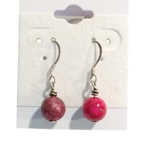 925 Sterling Silver Dangle Drop Earrings Pink Lace Agate Round Beads Balls Hook
